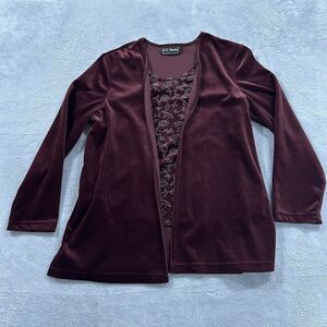 LL Martin Velvet Sweater Women Large Purple Full Zip Vintage Floral